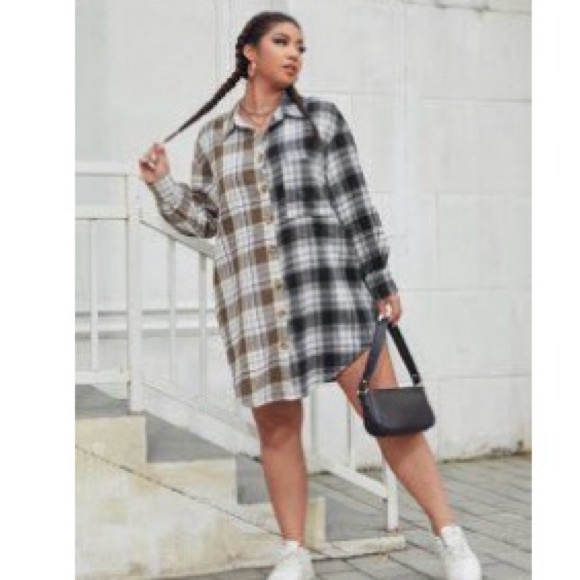Shein plus plaid colorblock drop shoulder brown and black flannel dress tunic - Picture 1 of 6